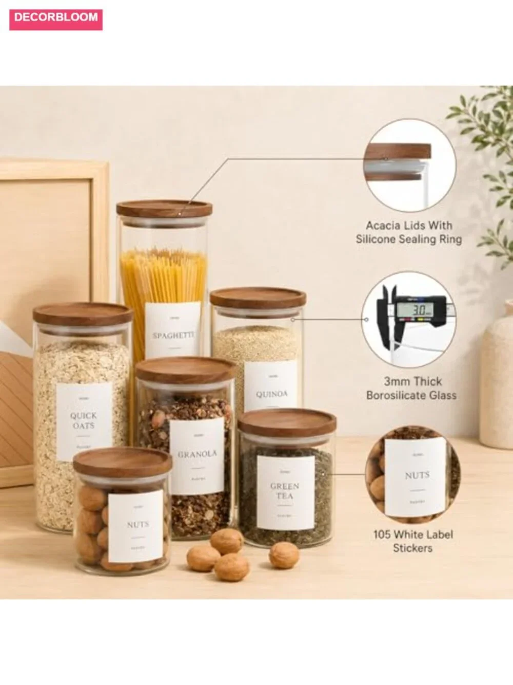 Set of 6 Glass Pantry Jars with Acacia Wood Lids, 32oz Airtight Storage, Labels
